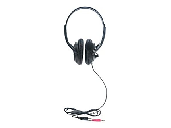 Manhattan Stereo Headset (Clearance Pricing), Lightweight, adjustable microphone, in-line volume control, padded cloth ear cushions, two 3.5mm jack input plugs, cable 2m, Black, 3 year warranty, Box - Headset - full size - wired - 3.5 mm jack - black