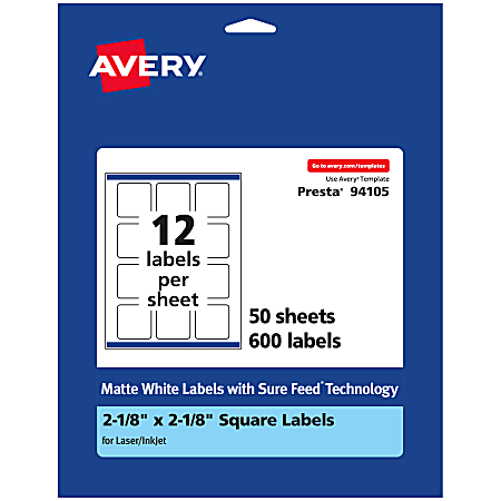 Avery® Permanent Labels With Sure Feed®, 94105-WMP50, Square, 2-1/8" x 2-1/8", White, Pack Of 600