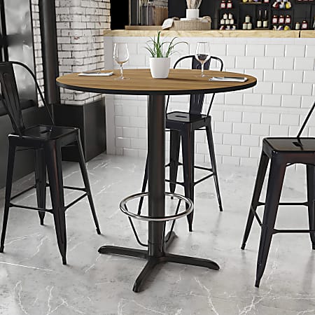 Flash Furniture Laminate Round Table Top With Bar-Height Base And Foot Ring, 43-1/8"H x 42"W x 42"D, Walnut/Black