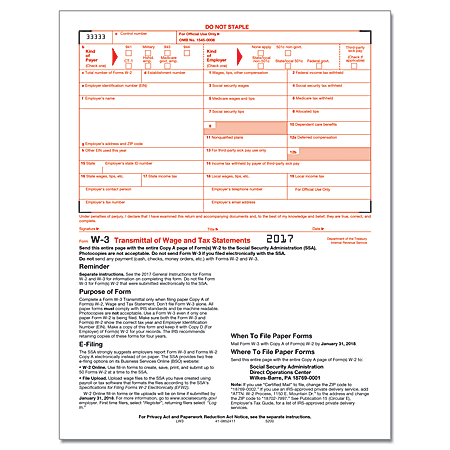 ComplyRight W-3 Transmittal Inkjet/Laser Tax Forms For 2017, 1-Part, 8 1/2" x 11", Pack Of 10 Forms