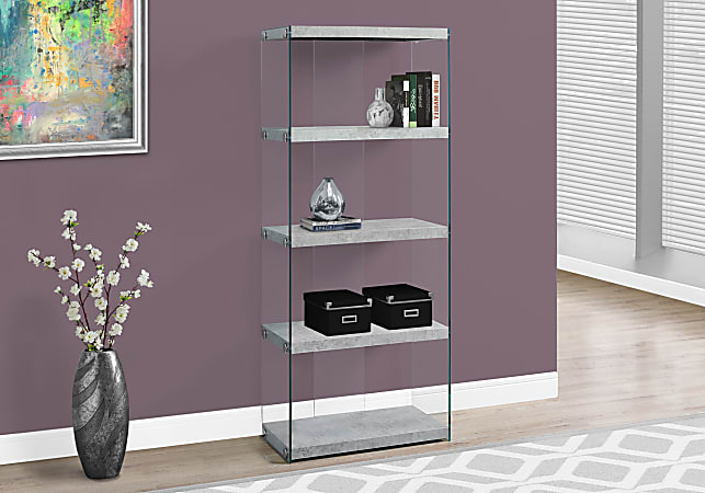 Monarch Specialties Open-Concept 60"H 5-Shelf Bookcase, Gray Cement-Look
