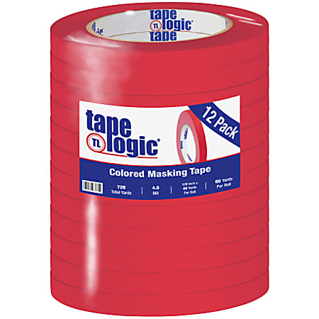 Tape Logic® Color Masking Tape, 3" Core, 0.5" x 180', Red, Case Of 12
