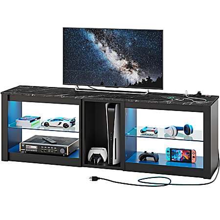 Bestier TV Stand For 70" TVs With Power Outlets, Glass Shelves & LED Lights, 20-1/2"H x 63"W x 13-3/4"D, Black Marble