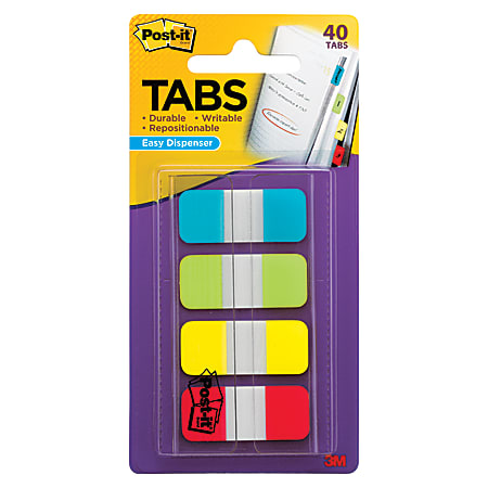 Post-it® Durable Tabs, 5/8" x 1 1/5", Assorted Colors, 10 Flags Per Pad, Pack Of 4 Pads