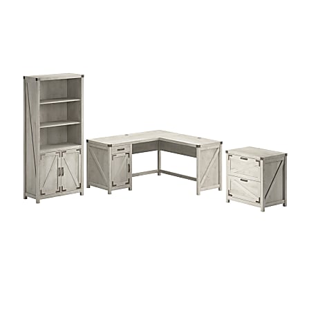 Kathy Ireland Home by Bush® Furniture Cottage Grove 60"W L Shaped Desk with Lateral File Cabinet and 5 Shelf Bookcase, Cottage White, Standard Delivery