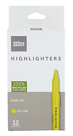 Office Depot® Brand Pen-Style Highlighters, 100% Recycled Plastic Barrel, Fluorescent Yellow, Pack Of 12