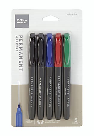 Office Depot® Brand Permanent Markers, Fine Point, 100% Recycled Plastic Barrel, Assorted Ink Colors, Pack Of 5