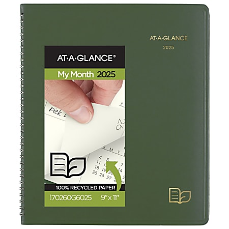 2025 AT-A-GLANCE® Recycled Monthly Planner, 9" x 11", Green, January 2025 To December 2025, 70260G60