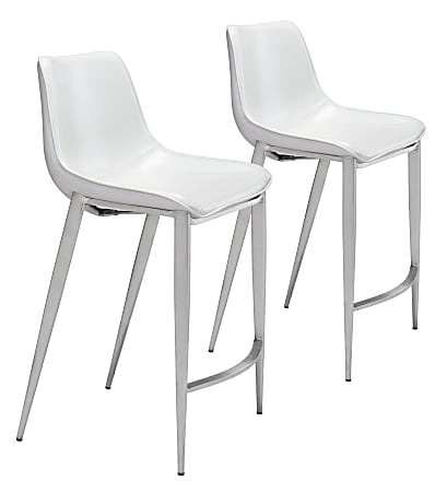 Zuo Modern® Magnus Counter Chairs, White/Brushed Stainless Steel, Set Of 2 Chairs