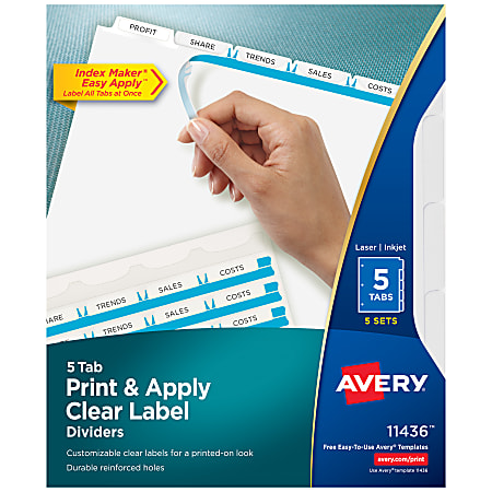 Avery® Customizable Index Maker® Dividers for 3 Ring Binder, Easy Print & Apply Clear Label Strip, 5 Tab, White, Pack Of 5 Sets