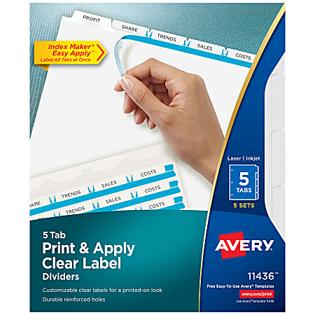 Avery® Customizable Index Maker® Dividers for 3 Ring Binder, Easy Print & Apply Clear Label Strip, 5 Tab, White, Laser Printer, Pack Of 5 Sets