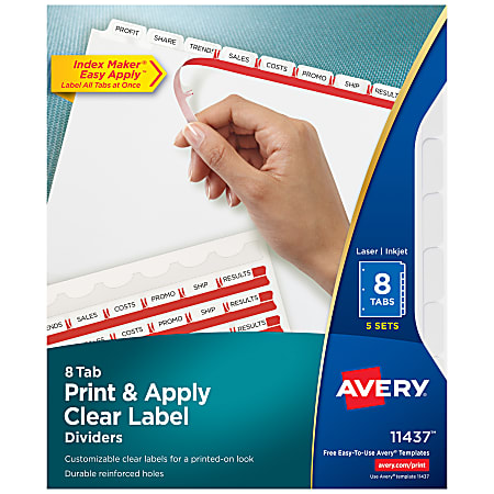 Avery® Customizable Index Maker® Dividers For 3 Ring Binder, Easy Print & Apply Clear Label Strip, 8 Tab, White, Pack Of 5 Sets