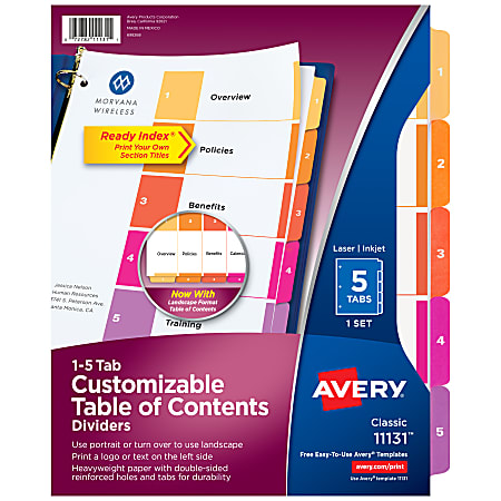 Avery® Ready Index® 1-5 Tab Binder Dividers With Customizable Table Of Contents, 8-1/2" x 11", 5 Tab, White/Multicolor, 1 Set