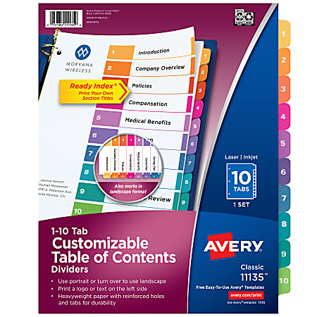 Avery® Ready Index® 1-10 Tab Binder Dividers With Customizable Table Of Contents, 8-1/2" x 11", 10 Tab, White/Multicolor, 1 Set