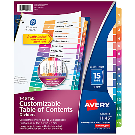 Avery® Ready Index® 1-15 Tab Binder Dividers With Customizable Table Of Contents, 8-1/2" x 11", 15 Tab, White/Multicolor, 1 Set