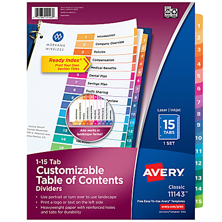 Avery® Ready Index® 1-15 Tab Binder Dividers With Customizable Table Of Contents, 8-1/2" x 11", 15 Tab, White/Multicolor, 1 Set