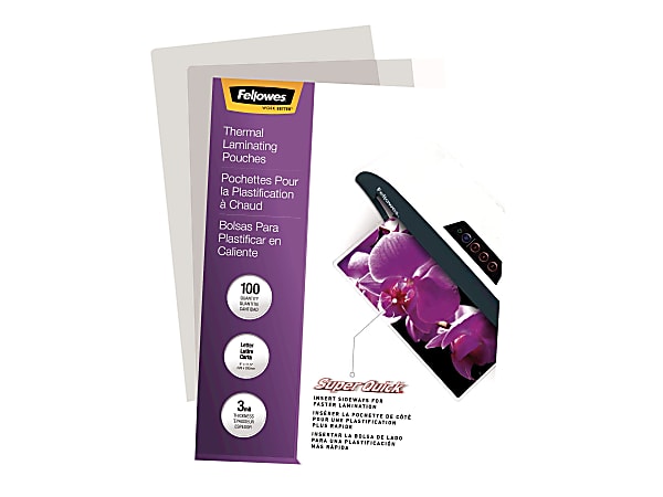Fellowes® SuperQuick Laminating Pouches, Glossy, 8.5" x 11", 3 Mil, Clear, Pack Of 100