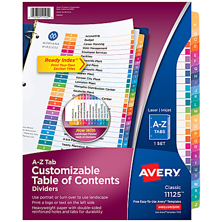 Avery® Ready Index® A-Z Tab With Customizable Table of Contents Binder Dividers, 8-1/2" x 11", 26 Tab, Multicolor, 1 Set