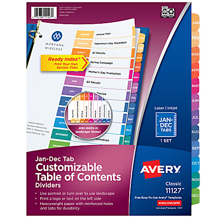 Avery® Ready Index® Jan-Dec Tab With Customizable Table Of Contents Binder Dividers, 8-1/2" x 11", 12 Tab, Multicolor, 1 Set