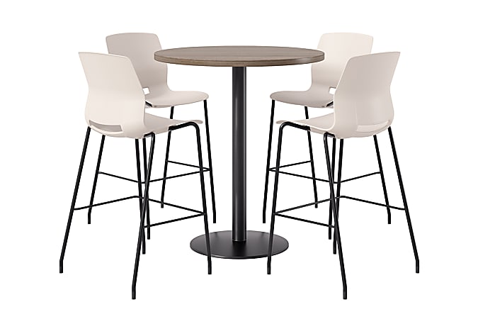 KFI Studios Proof Bistro Round Pedestal Table With Imme Barstools, 4 Barstools, Studio Teak/Black/Moonbeam Stools, 840031940056