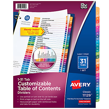 Avery® Ready Index® 1-31 Tab Binder Dividers With Customizable Table Of Contents, 8-1/2" x 11", 31 Tab, White/Multicolor, 1 Set