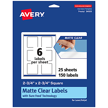 Avery® Permanent Labels With Sure Feed®, 94109-CMF25, Square, 2-3/4" x 2-3/4", Matte Clear, Pack Of 150