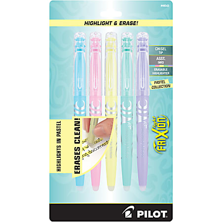 Pilot® FriXion® Light Pastel Erasable Highlighters, Pack of 5, Chisel Tip, Assorted Colors, 46543