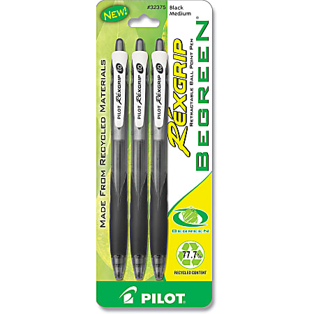 Pilot® BeGreen RexGrip 77% Recycled Retractable Ballpoint Pens, 1.0 mm, Medium Point, Black Barrel, Black Ink, Pack Of 3