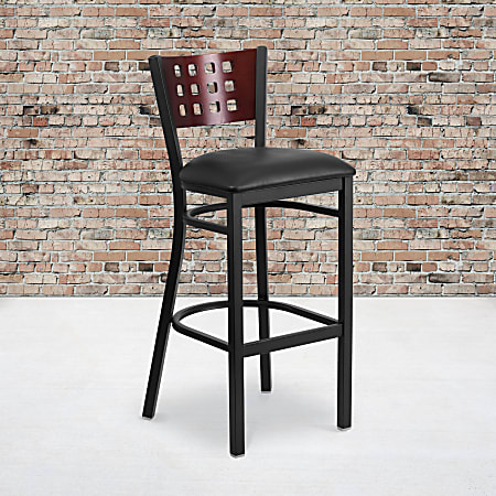 Flash Furniture Decorative Metal/Vinyl Restaurant Barstool With Cutout Back, Black/Mahogany/Black