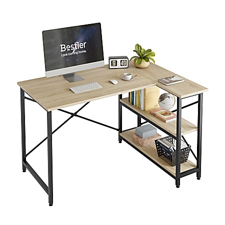 Bestier L-Shaped Corner Desk With Storage Shelf, 48"W, Light Oak