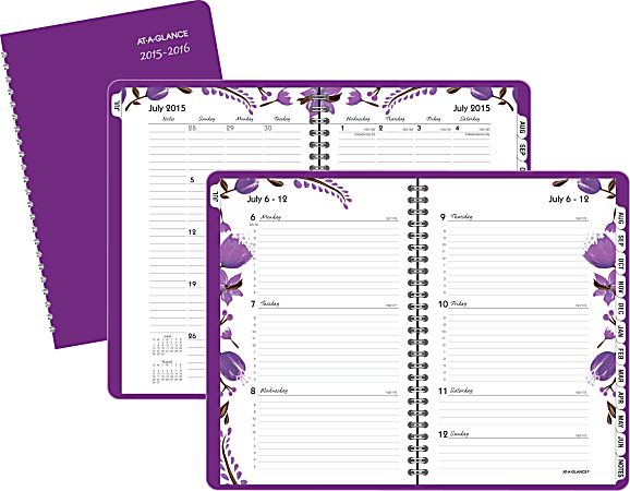 AT-A-GLANCE® Fashion Weekly/Monthly Planner, Camille, 5 1/2" x 8 1/2", 30% Recycled, Purple, July 2015-June 2016