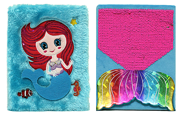 Inkology Plush Journals, A5 Size, Wide Ruled, 256 Pages (128 Sheets), Mermaid, Pack Of 6 Journals
