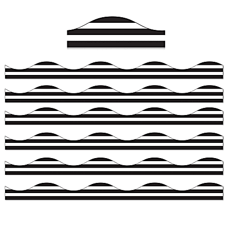 Ashley Productions Magnetic Scallop Border, Black Horizontal Stripes On White, 12' Per Pack, Set Of 6 Packs