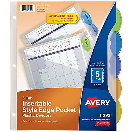 Avery® Style Edge Insertable Dividers With Pockets, Multicolor, Pack Of 5 Dividers