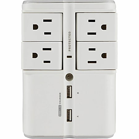 Sanus On-Wall Surge Protector - 4 Rotating Outlet Power Strip with USB ports - White - 4 x AC Power, 2 x USB - 1080 J