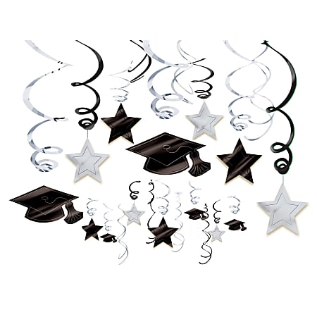 Amscan School Colors Hanging Foil Swirl Graduation Decorations Kit, Frosty White, Pack Of 30 Pieces