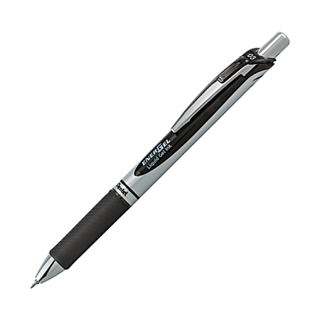Pentel EnerGel RTX Retractable Liquid Gel Pens, Needle Point, 0.3 mm, Black/Silver Barrel, Black Ink, Pack Of 12
