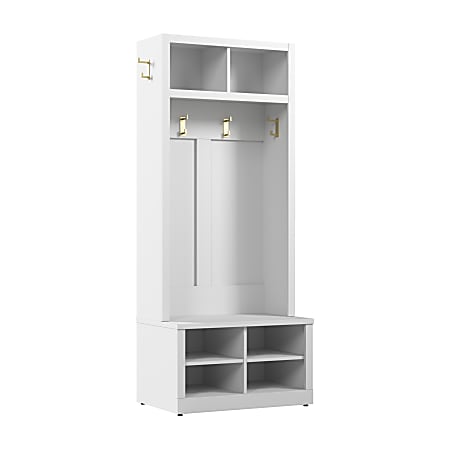 Bush Furniture Hampton Heights Entryway Storage Set With 30"W Hall Tree And Shoe Bench, White, Standard Delivery