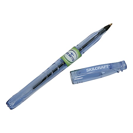 SKILCRAFT® Ballpoint Stick Pens, Pack Of 12, Medium Point, Transparent Blue Barrel, Black Ink
