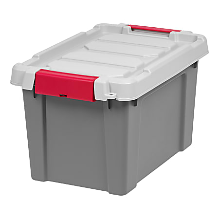Office Depot® Brand Plastic Storage Tote, 20 Qt, Gray/Red