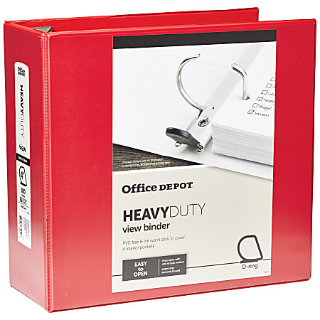 Office Depot® Brand Heavy-Duty View 3-Ring Binder, 4" D-Rings, Red
