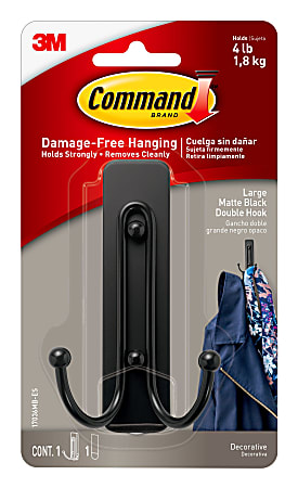 Command Large Double Wall Hooks, 1-Command Hook, 1-Command Strip, Damage-Free, Black