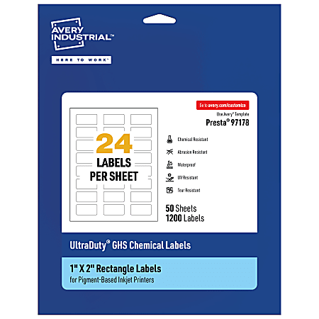 Avery® Ultra Duty® Permanent GHS Chemical Labels, 97178-WMUI50, Rectangle, 1" x 2", White, Pack Of 1,200