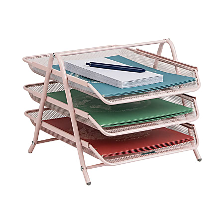 Mind Reader 3-Tier Paper Tray Desktop Organizer File Storage, 10"H x 13-3/4"W x 11-3/4"D, Pink