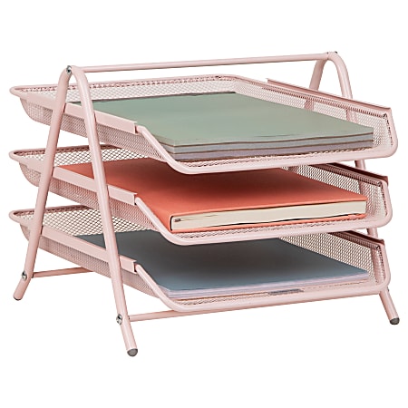 Mind Reader 3-Tier Paper Tray Desktop Organizer File Storage, 10"H x 13-3/4"W x 11-3/4"D, Pink