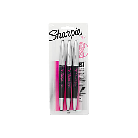 Sharpie® Soft-Grip Pens, Fine Point, 0.3 mm, Black/Pink Barrels, Black Ink, Pack Of 3