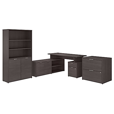Bush Business Furniture Jamestown 60"W L-Shaped Desk With Lateral File Cabinet And 5-Shelf Bookcase, Storm Gray, Standard Delivery