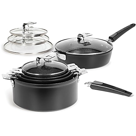 The Rock 12-Piece Space-Saving Set with T-Lock Detachable Handles - - Aluminum Base, Tempered Glass Lid - 12 Pieces - Black
