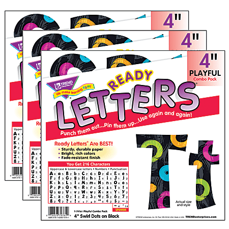 Trend Ready Letters, 4", Swirl Dots/Black, 216 Letters Per Pack, Set Of 3 Packs