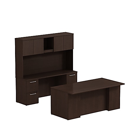 Bush Business Furniture 300 Series Office Desk With Hutch, Credenza And 2 Pedestals, 72"W x 36"D, Mocha Cherry, Premium Installation